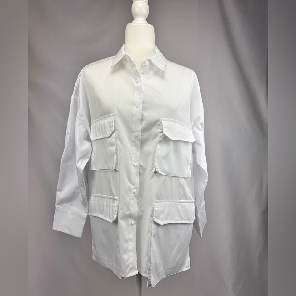 Shein White Utility Pocket Button Down Shirt Blouse Size M Long Sleeve